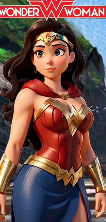 Animated Wonder Woman in vibrant colors with scenic background.