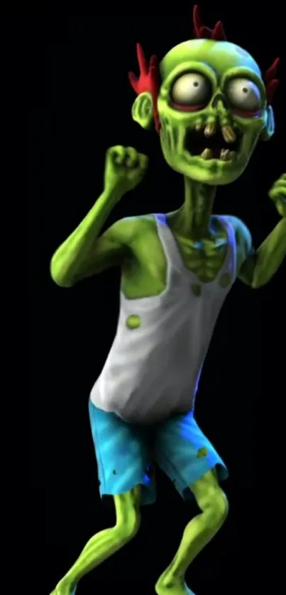 Green cartoon zombie on a black background, wearing colorful clothes.