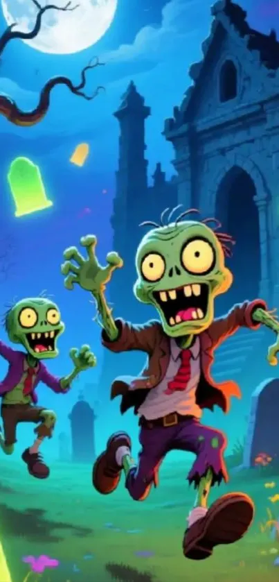 Cartoon zombies running in a colorful haunted graveyard at night.