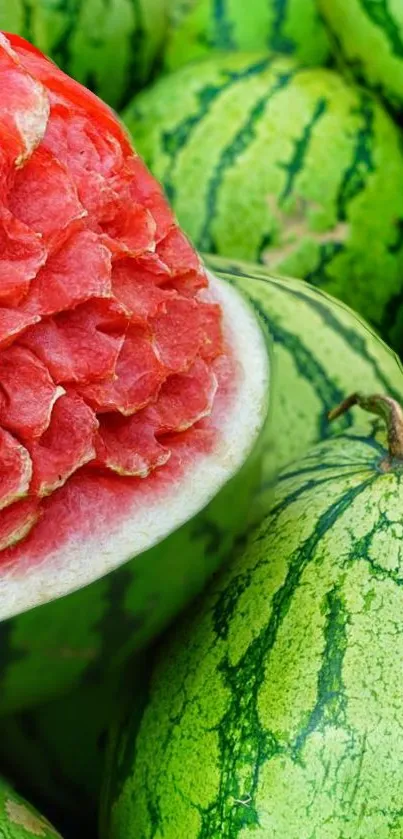 Intricately carved watermelon amidst fresh green melons.