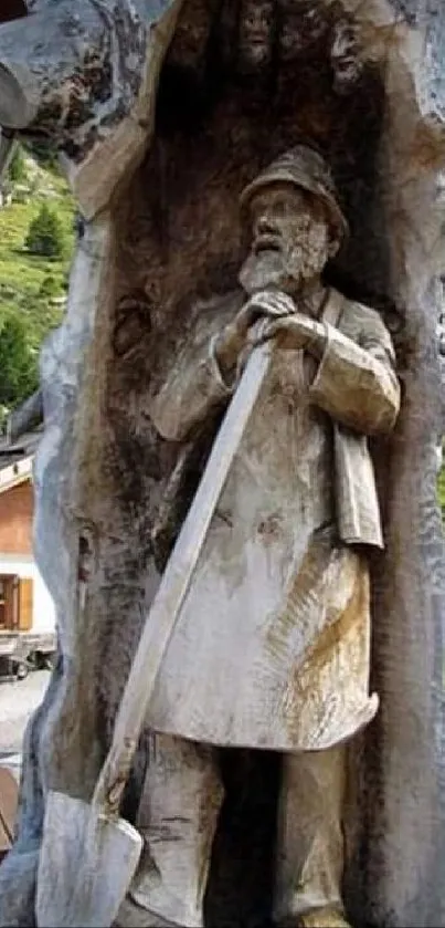 Carved wooden sculpture in a natural forest setting.