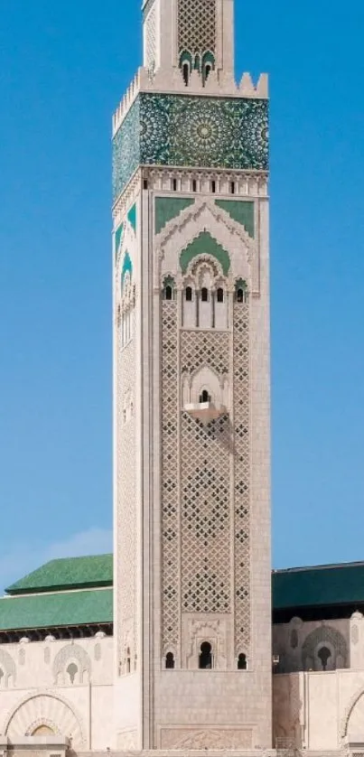 Hassan II Mosque in Casablanca against blue sky.