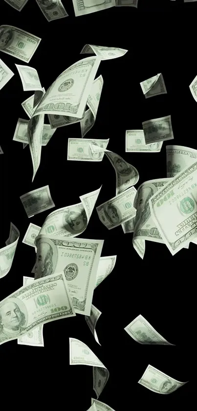 Vibrant wallpaper of floating dollar bills on a black background for mobile devices.