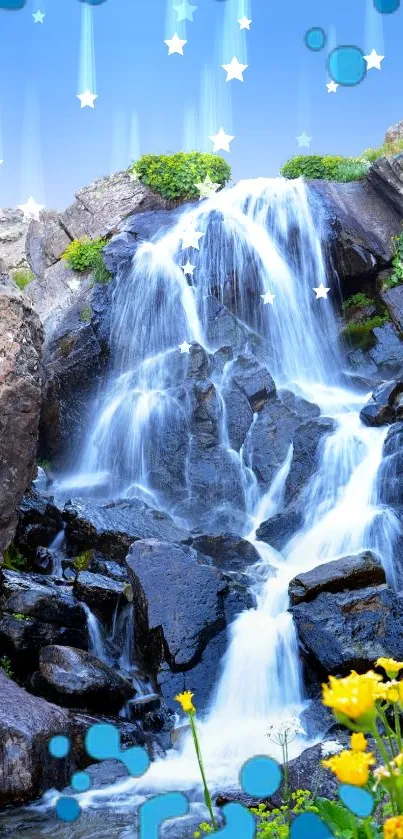 Fantasy-themed waterfall with blue sky and stars in vibrant nature setting.