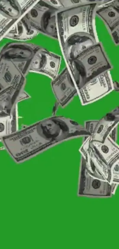 Floating dollar bills on vibrant green background wallpaper.