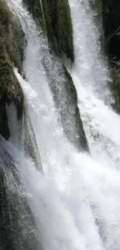 Vivid waterfall cascading over rocks surrounded by lush greenery.