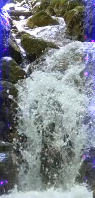 Mobile wallpaper of a cascading waterfall against rocky terrain with blue highlights.