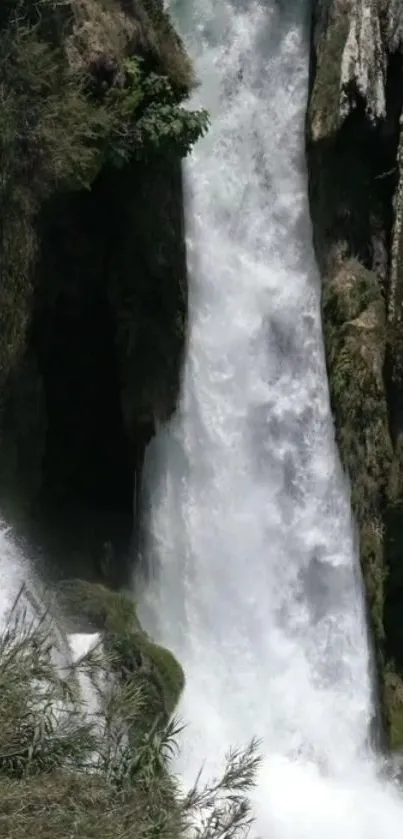 Stunning cascading waterfall with lush greenery and white water.