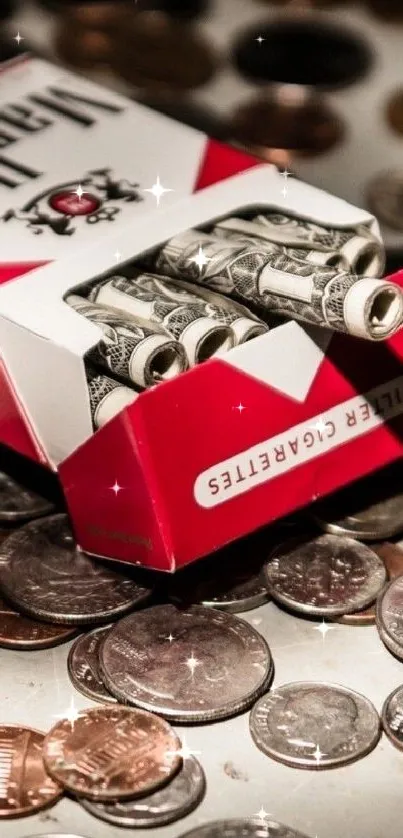 Rolled dollars in cigarette box with coins.