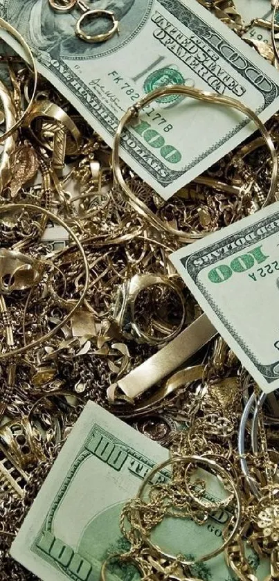 Luxury wallpaper with gold jewelry and dollar bills.