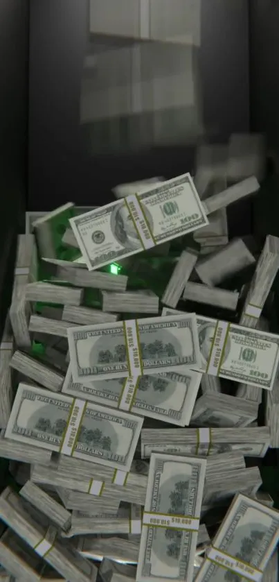 Stacks of cash in a dark setting with green highlights.