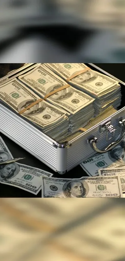 Stacks of cash in a metal briefcase on a black background.