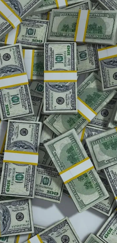 Mobile wallpaper featuring stacks of US dollar bills with a green color theme.