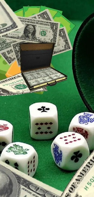 Mobile wallpaper featuring casino dice, cash, and a money suitcase on a green background.