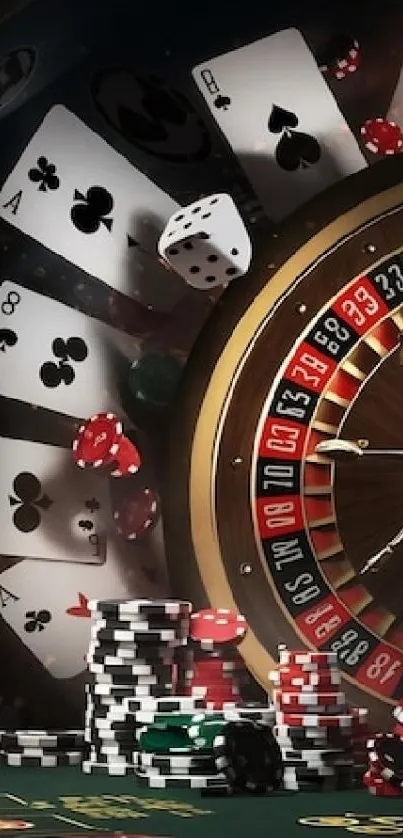Casino theme wallpaper with cards and roulette.