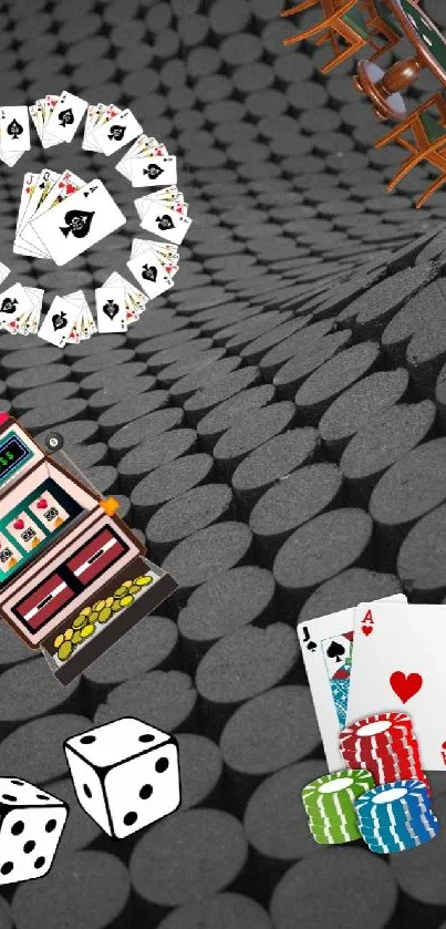 Casino-themed mobile wallpaper with cards, dice, and vortex pattern.