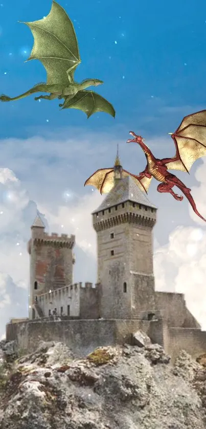 Fantasy scene with dragons flying over a medieval castle under a blue sky.