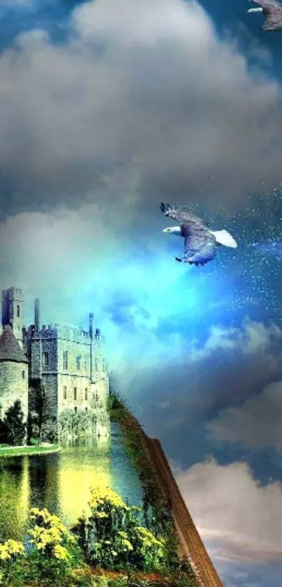 Fantasy wallpaper with castle, eagles, and sky.