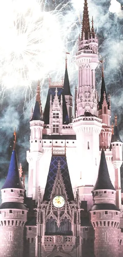 Enchanting castle with nighttime fireworks display.