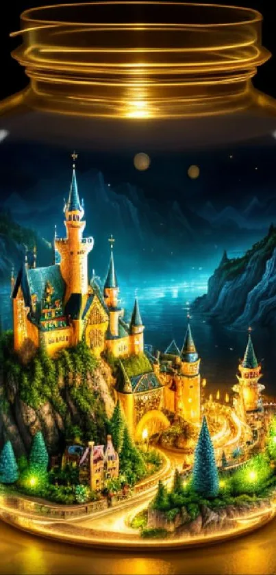 A glowing, magical castle inside a jar with a scenic landscape background.