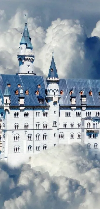 Castle surrounded by fluffy clouds under a blue sky.