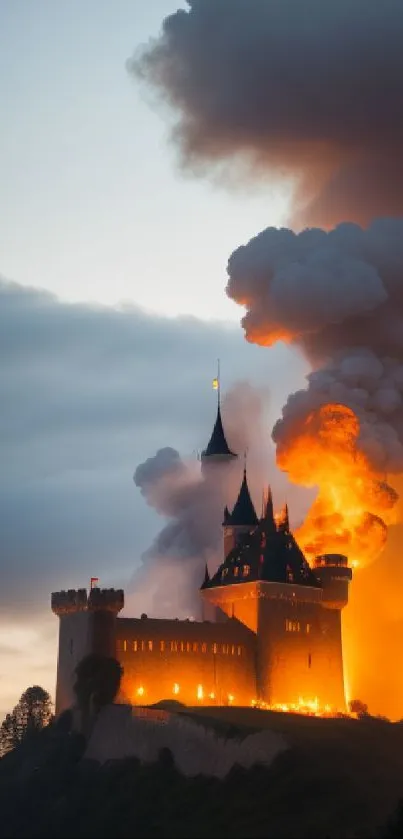 A castle engulfed in flames with a smoky twilight sky in the background.