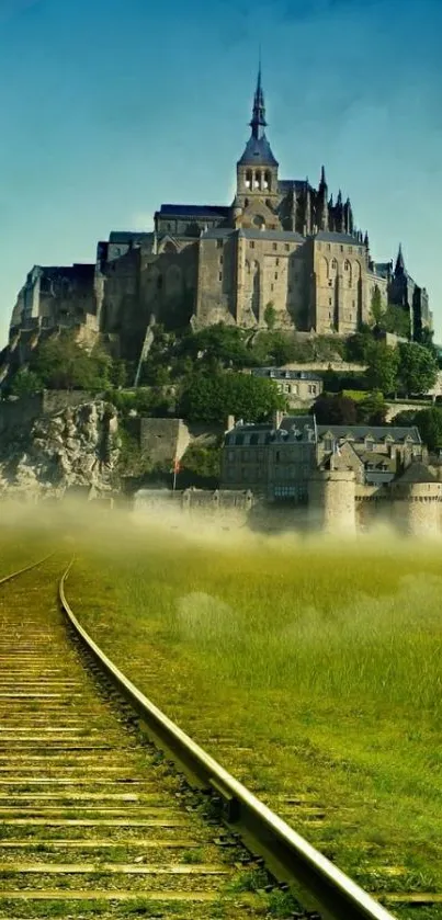 Majestic castle on a misty hill with scenic railway.