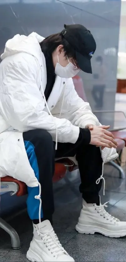 Person in a white jacket seated at an airport, showcasing casual travel style.