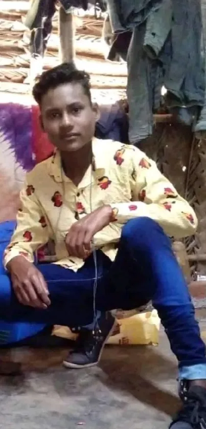 Young man in vibrant, casual attire sitting indoors.