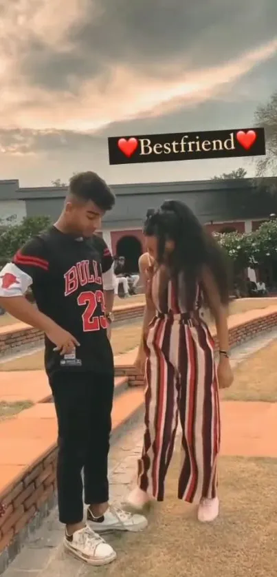 Two friends in a park, enjoying a casual day with warm tones and stylish outfits.