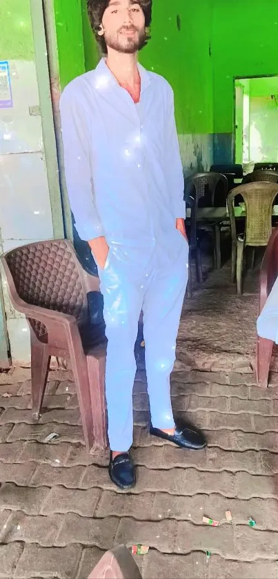 Man standing in a casual cafe setting, wearing a white outfit.