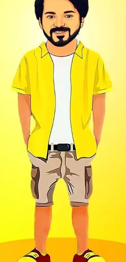 Cartoon character in vibrant yellow outfit on a matching background.