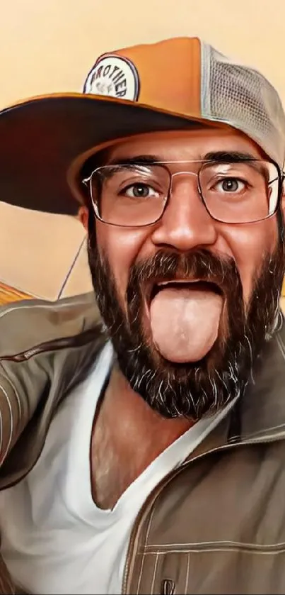 Cartoon portrait of a bearded man with a cap showcasing a fun expression.