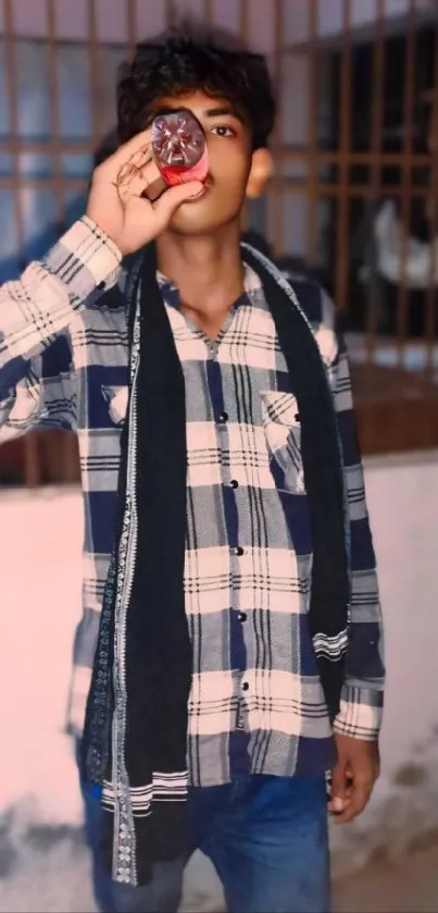 Young man in checkered shirt with a casual style.