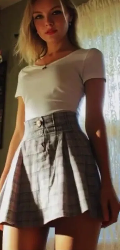 Trendy young woman in casual chic attire.