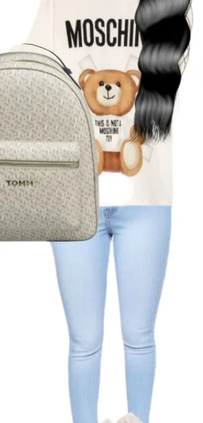 Casual outfit with jeans, cartoon shirt, and designer backpack wallpaper.