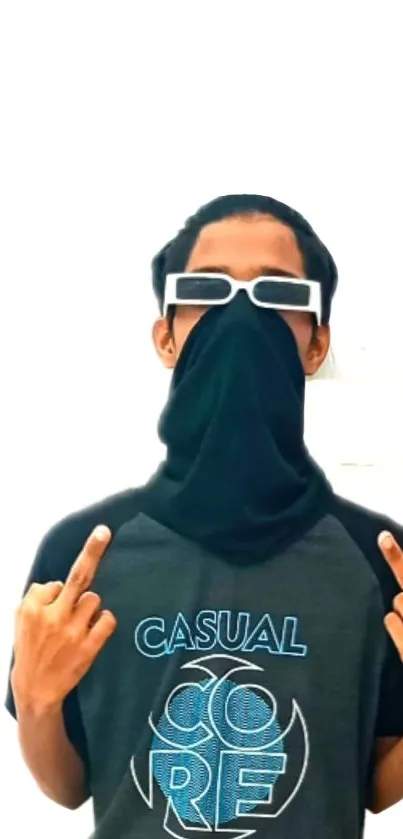 Teenager in casual edgy outfit with sunglasses and masked face.