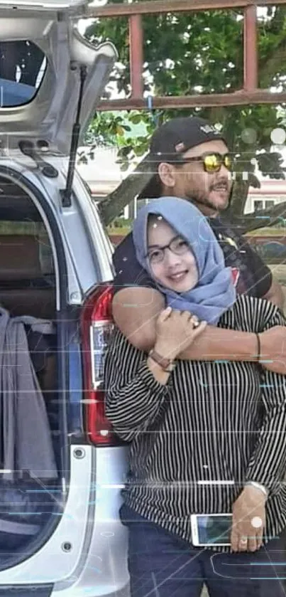 Couple enjoying a casual moment by a parked car.