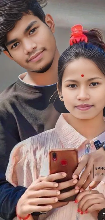Casual couple posing with smartphone.