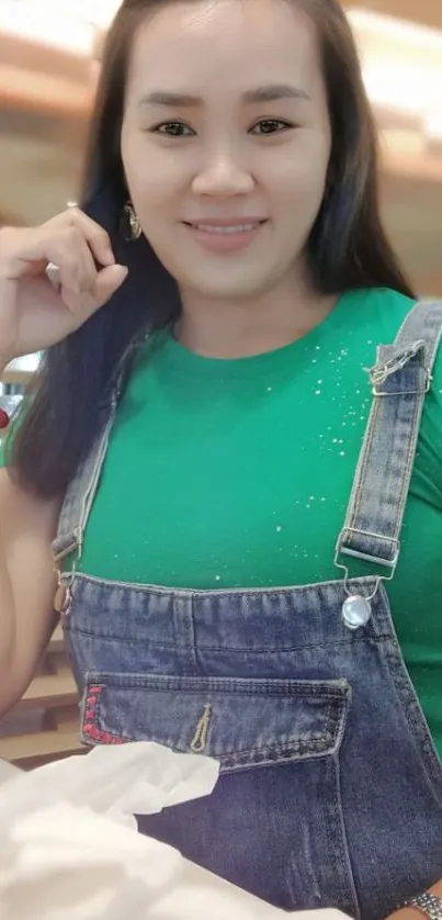 Woman in denim overalls with green top.