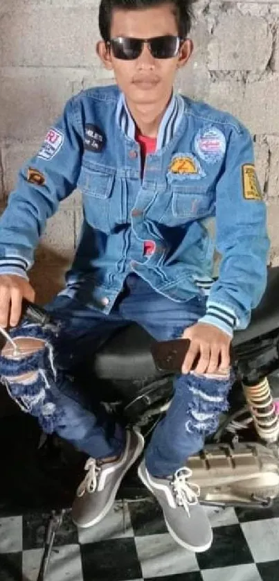 Man in denim on a motorbike against wall.