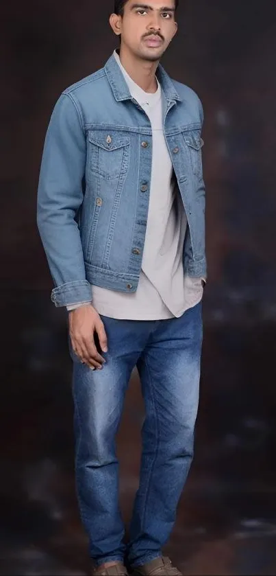 Person wearing a denim jacket and jeans standing.