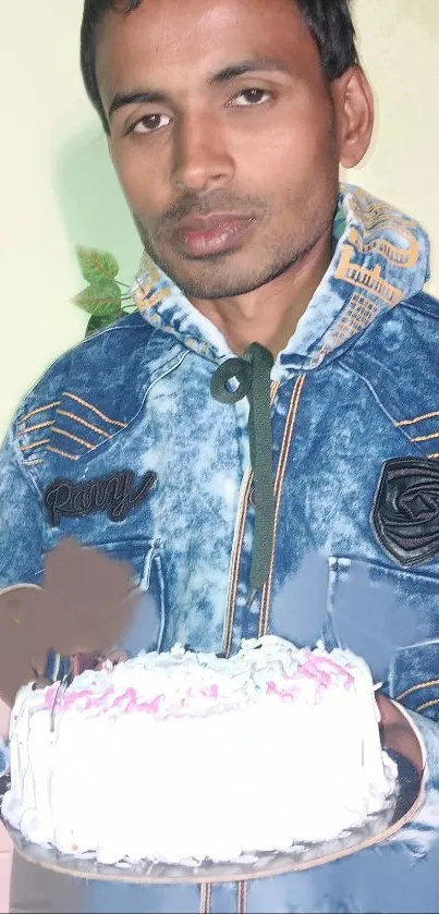 Person in denim jacket holding a cake, creating a casual portrait wallpaper.