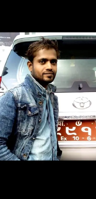 Man in denim jacket stands by SUV in urban setting.