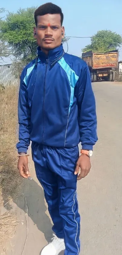 Person in a blue tracksuit standing outside on a sunny day.