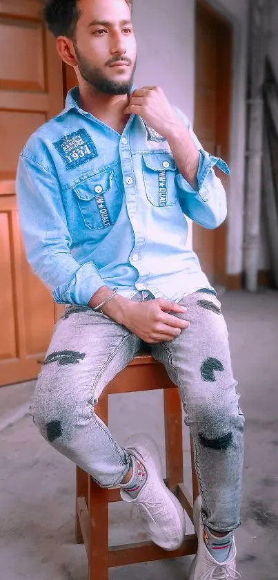 Mobile wallpaper of a man in denim, seated casually against a warm background.