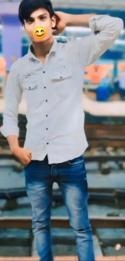 Casual denim style in urban setting with blue jeans and white shirt.