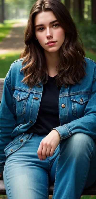 Woman in denim sitting on park bench surrounded by greenery.