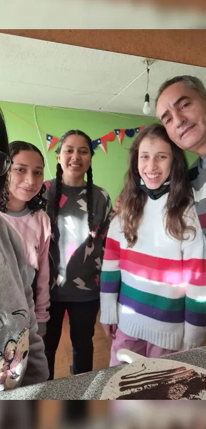 Vibrant family gathering with colorful sweaters indoors.