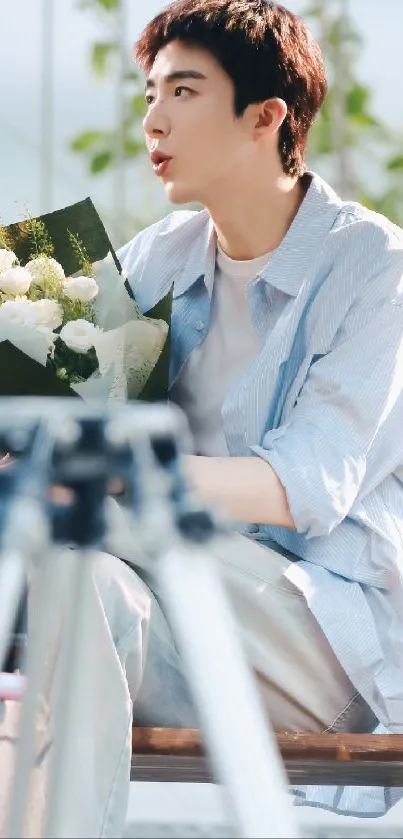 Person on bench with flowers in serene outdoor setting.